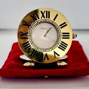CARTIER - ORIGINAL 80's ROUND ROMAN FOLDING ALARM CLOCK - GOLD/BLUE - WORKING